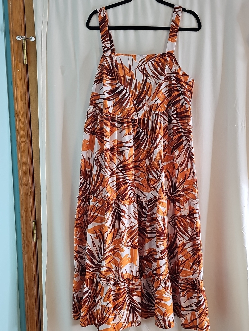 Emma & Michele White Maxi Dress with Orange and Brown Leaf Print